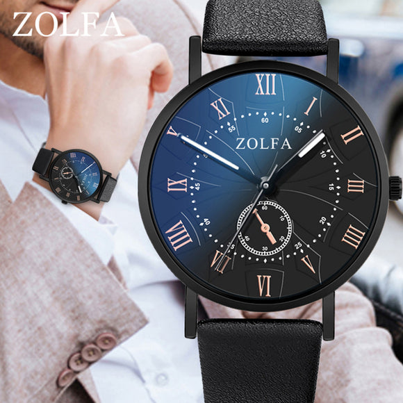 Fashion Sleek Minimalist Roman Blue Glass Leather Belt Men's Quartz Watch Analog Business Male Clock relogio masculino Clock