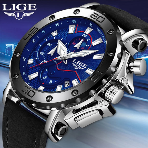 LIGE Luxury Brand Men Blue Leather Sports Watches Men's Army Military Watch Male Date Analog Quartz Clock Relogio Masculino 2019