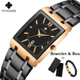 Square Watch Men Luxury WWOOR Stainless Steel Mens Wristwatch Calendar Man's Wrist Watches Waterproof Sports Casual Watches 2019