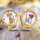 Lady Girl Golden Tone Round Elastic Alloy Quartz Watches Creative Finger Ring Watch