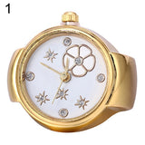 Lady Girl Golden Tone Round Elastic Alloy Quartz Watches Creative Finger Ring Watch