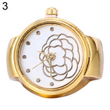 Lady Girl Golden Tone Round Elastic Alloy Quartz Watches Creative Finger Ring Watch