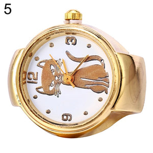 Lady Girl Golden Tone Round Elastic Alloy Quartz Watches Creative Finger Ring Watch