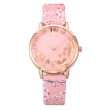 Hot Women Fashionable Embossed Flowers Small Fresh Printed Watch Gift Clock Leather Belt Student Dress Quartz WristWatch Girl#B