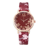 Hot Women Fashionable Embossed Flowers Small Fresh Printed Watch Gift Clock Leather Belt Student Dress Quartz WristWatch Girl#B